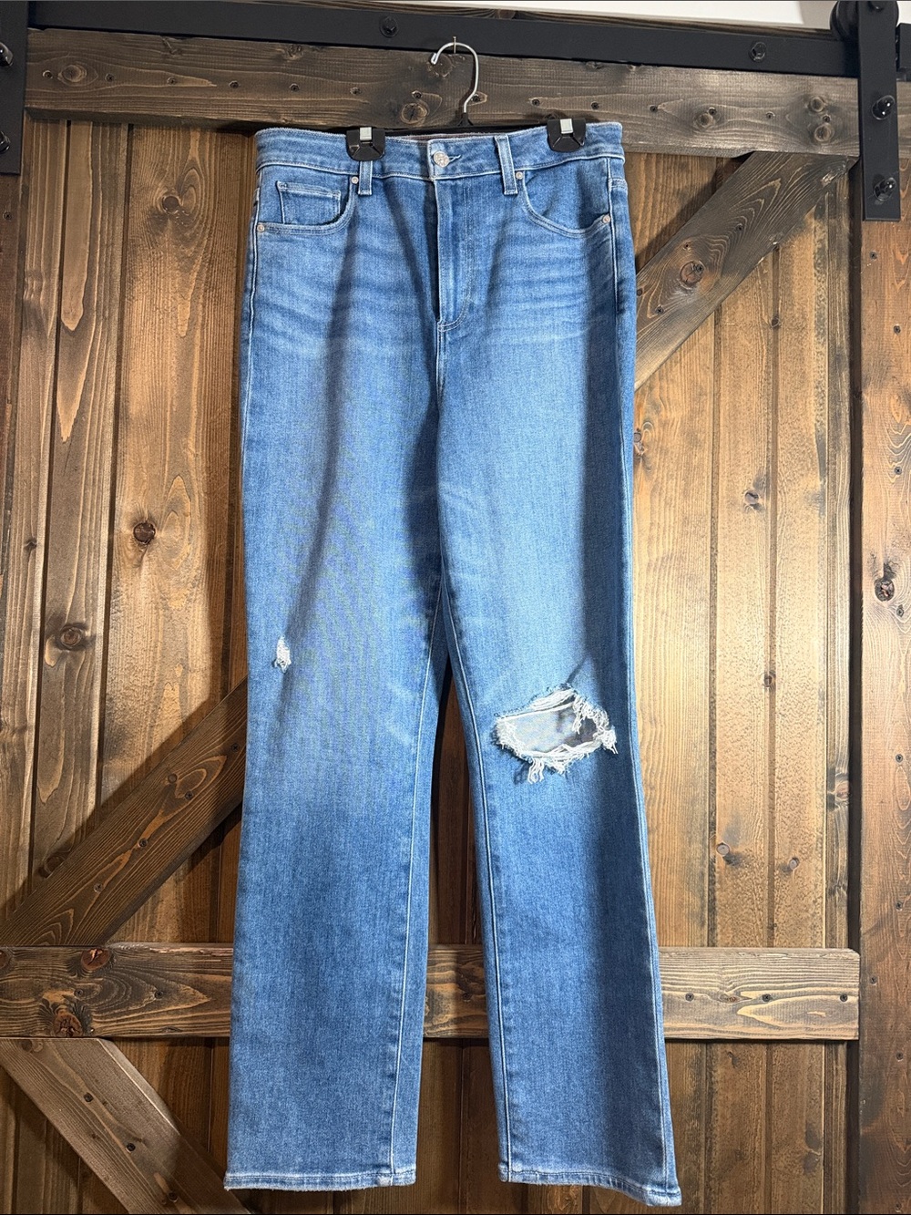 PAIGE Light Blue Straight Leg Distressed Jeans